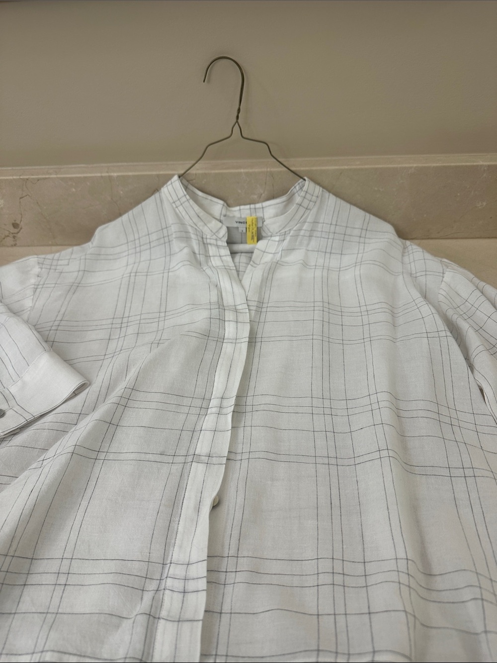 Vince White and Light BlackPlaid Band-Collar Shirt